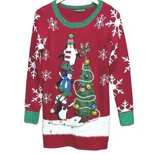 United States Sweater Penguin Holiday Christmas Tree Tunic Sweater Women Small